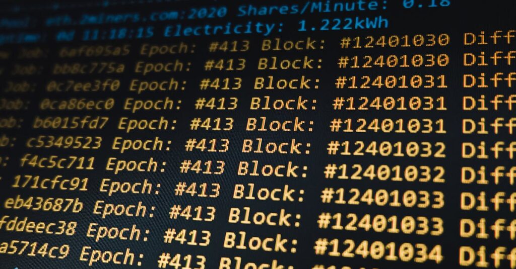 Detailed view of a cryptocurrency mining software interface displaying real-time data on a computer monitor.